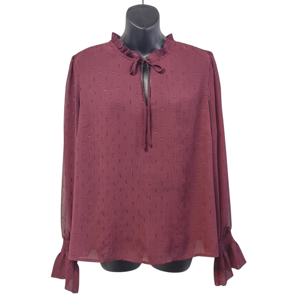 INC International Concepts Womens Wine Red Ruffle Neck Long Sleeve Blouse Size L